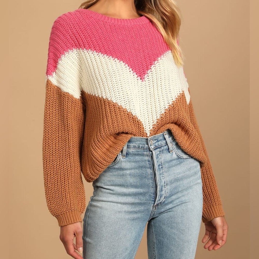 Lulus Autumn Leaves Pink Multi Chevron Stripe Knit Sweater size Small